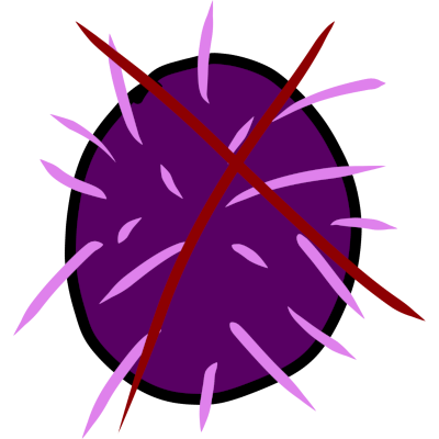  a magenta ball with light pink spikes all over it, crossed out by a red x